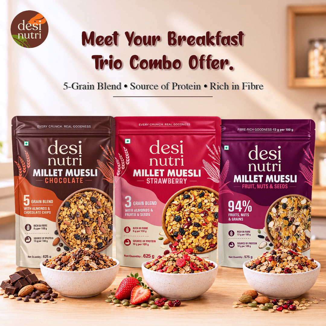 Desi Nutri Millet Muesli Breakfast Trio Combo | Chocolate, Strawberry & Fruit Nut | Pack of 3 × 625g