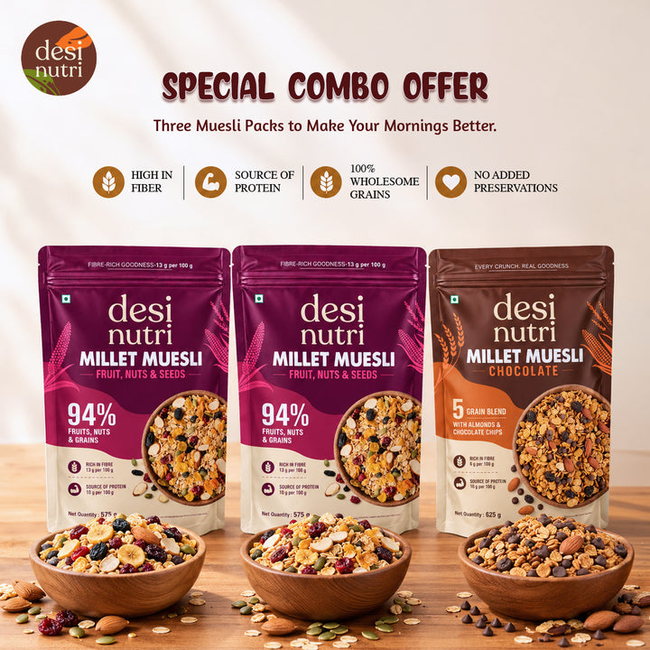 Desi Nutri Millet Muesli Combo Pack of 3 | Fruit, Nuts & Seeds & Chocolate | High Fibre Breakfast Cereal | 1.775 kg