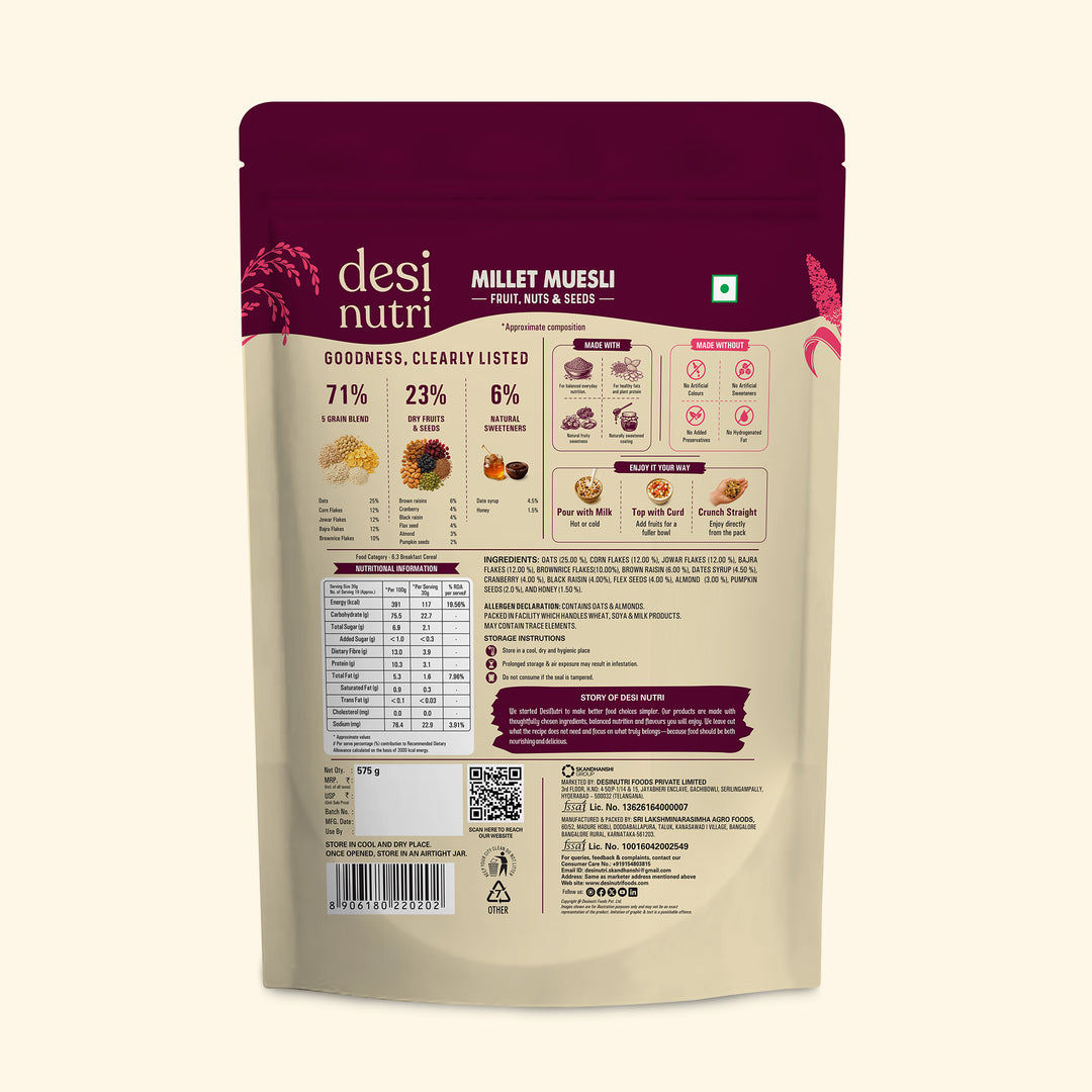 Desi Nutri Millet Muesli Breakfast Trio Combo | Chocolate, Strawberry & Fruit Nut | Pack of 3 × 625g