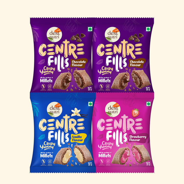 Centre Fills Millet Chocos Combo pack 25GX4(100G) | With the goodness of Millets | (2N X Chocolate Fills, Vanilla Fills & Strawberry Fills) | Pack of 4