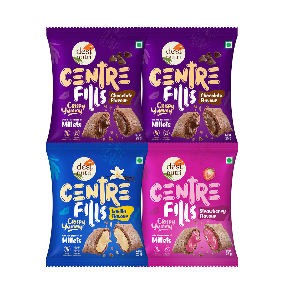 Centre Fills Millet Chocos Combo pack 25GX4(100G) | With the goodness of Millets | (2N X Chocolate Fills, Vanilla Fills & Strawberry Fills) | Pack of 4