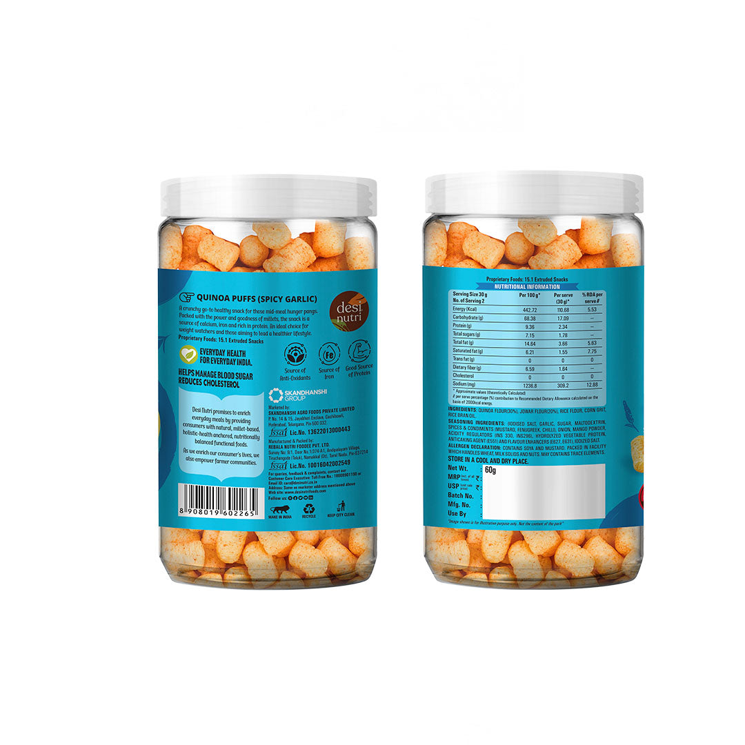 Quinoa Puffs Spicy Garlic Pack of 3 (Buy 2 Get 1 Free) – 60gm Each