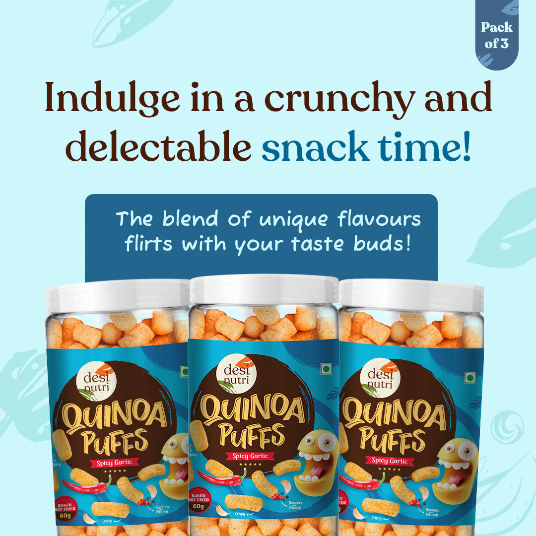 Quinoa Puffs Spicy Garlic Pack of 3 (Buy 2 Get 1 Free) – 60gm Each