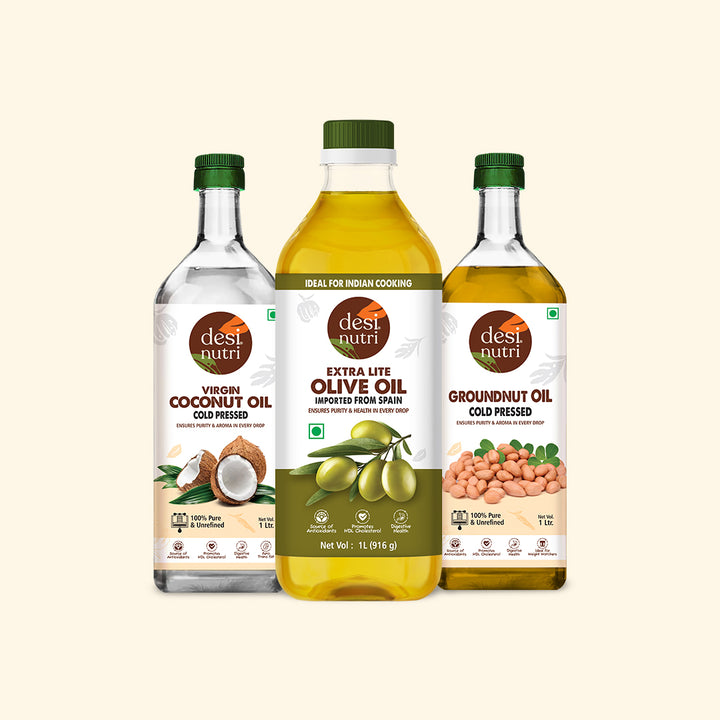 Edible Oils Combo Pack (Olive Oil, Cold Pressed Coconut Oil & Groundnut Oil) - Each 1L