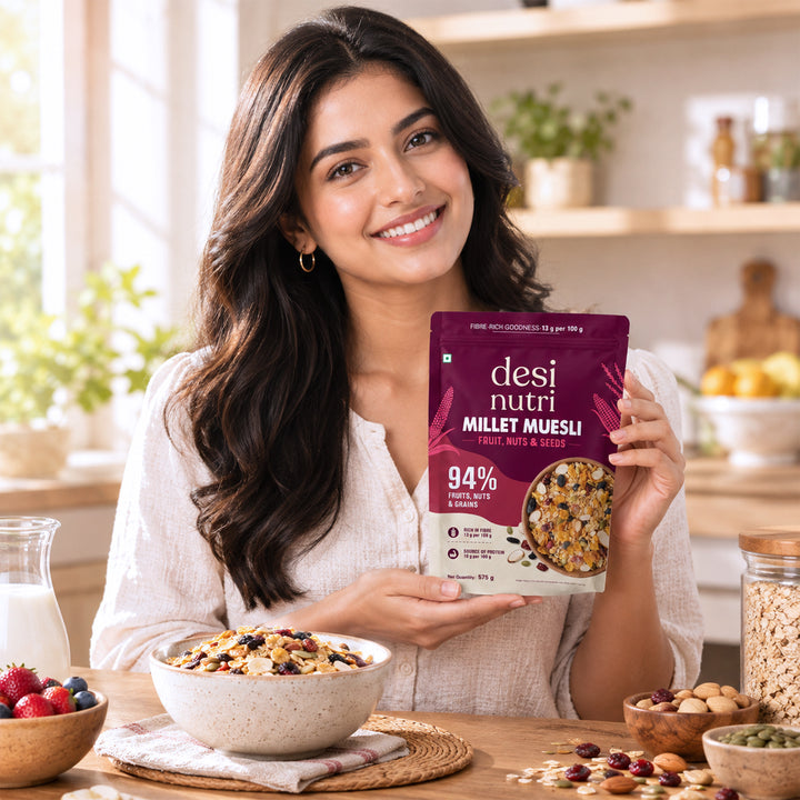 Desi Nutri Millet Muesli Combo Pack of 3 | Fruit, Nuts & Seeds & Chocolate | High Fibre Breakfast Cereal | 1.775 kg