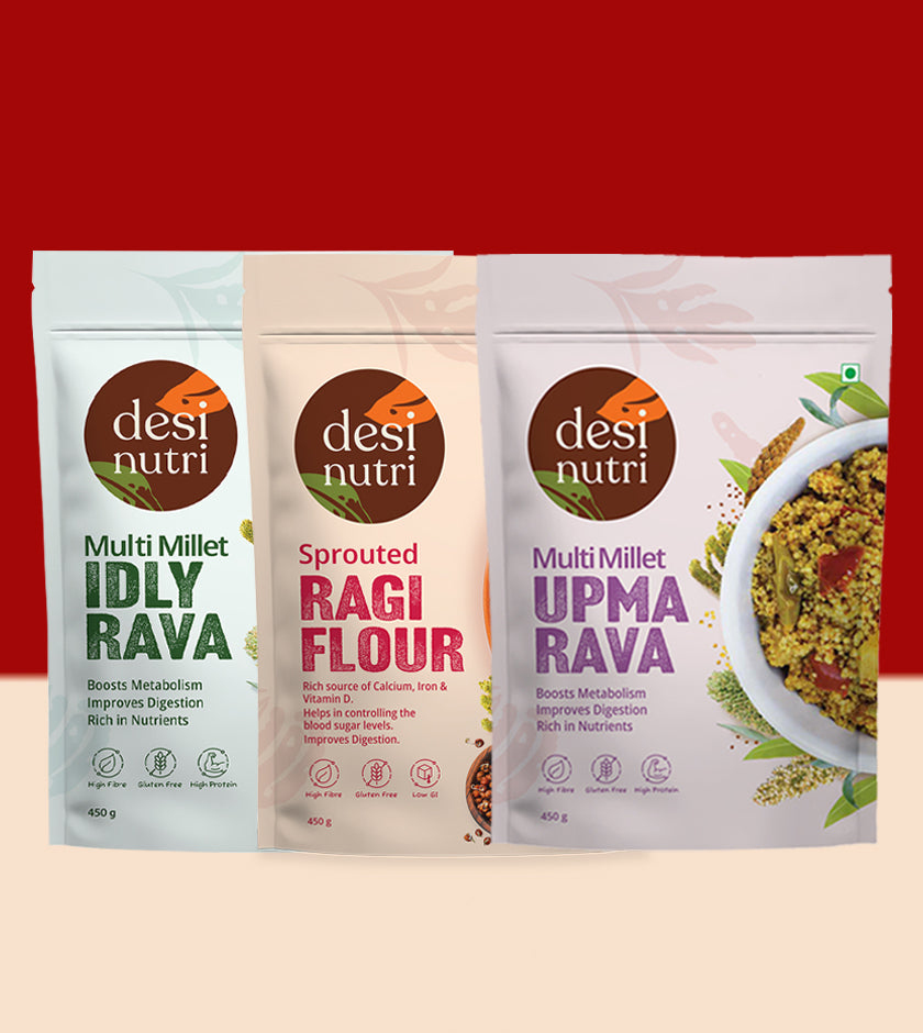 Multi Millet Idly, Upma Rava and Sprouted Ragi Kit Combo Pack – 450gms Each