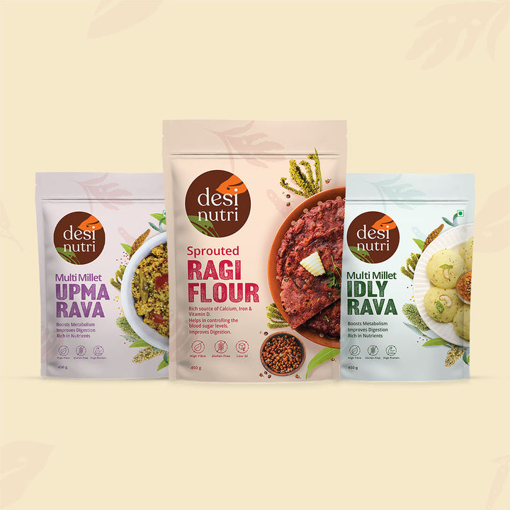 Multi Millet Idly, Upma Rava and Sprouted Ragi Kit Combo Pack – 450gms Each
